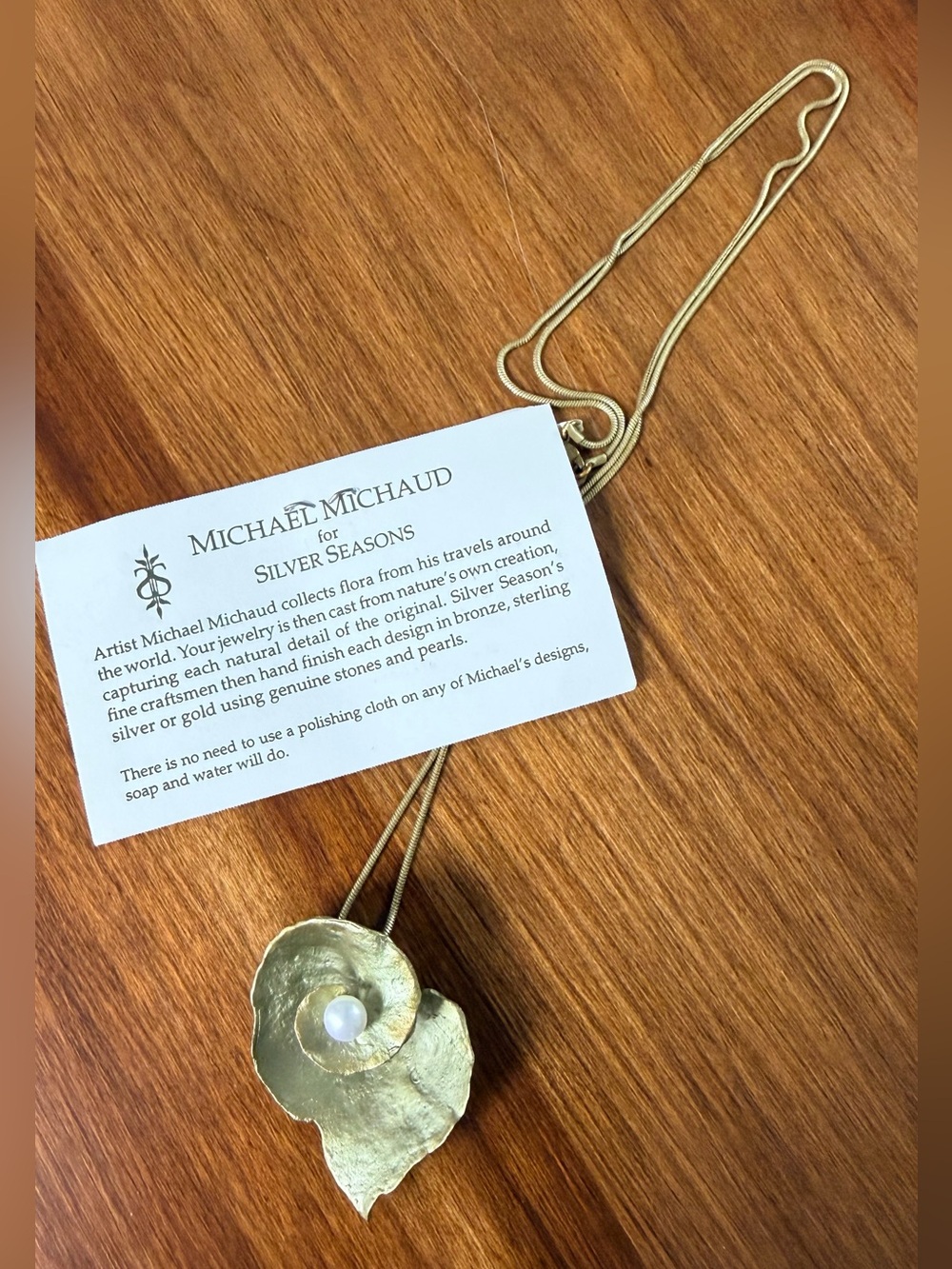 Michael Michaud Spiral Geranium Pearl Pendant Necklace 24" Gold Bronze Pristine